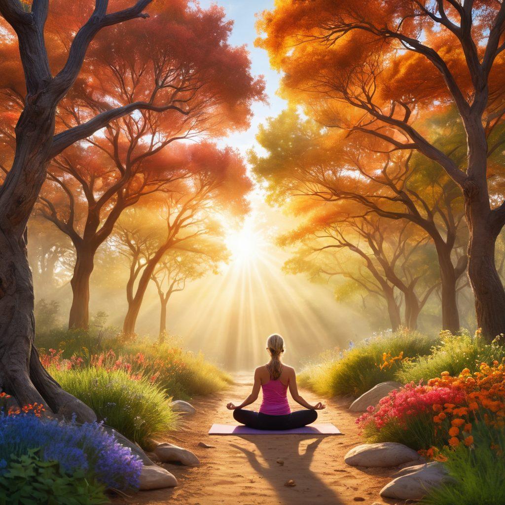 A serene landscape illustrating the journey of cancer wellness, featuring a diverse group of individuals engaged in holistic practices like yoga, meditation, and nature walks. Surround them with elements of healing, such as herbal plants, light rays filtering through trees, and symbols of strength like a lion and a phoenix. Use warm, uplifting colors to convey hope, support, and unity. super-realistic. vibrant colors. soft focus.