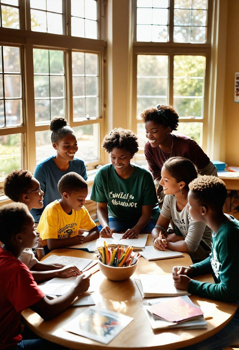 A bright and inviting educational environment featuring a supportive mentor guiding a diverse group of survivors and caregivers around a circular table filled with books, laptops, and inspirational posters. Warm sunlight streams through large windows, illuminating their faces, showcasing determination and hope. Include elements like a chalkboard with uplifting quotes, symbols of unity, and tools for learning like a globe and educational materials. super-realistic. vibrant colors. warm tones.
