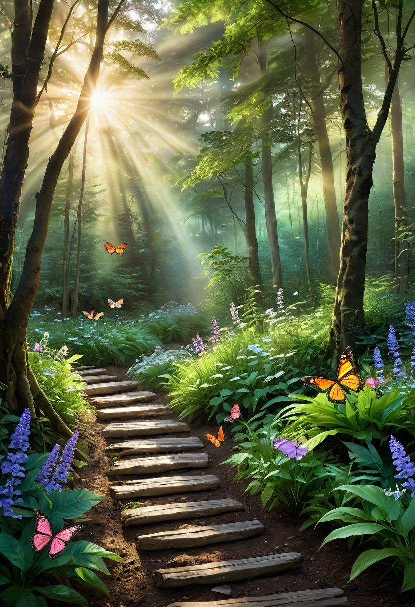 A serene landscape symbolizing healing, featuring a radiant sunrise illuminating a winding path through a lush forest. Along the path, diverse individuals are engaging in self-care activities like yoga, painting, and meditation, embodying empowerment and support. Soft rays of light create an uplifting atmosphere. Ethereal elements such as butterflies and flowers symbolize growth and transformation. super-realistic. vibrant colors. peaceful ambiance.